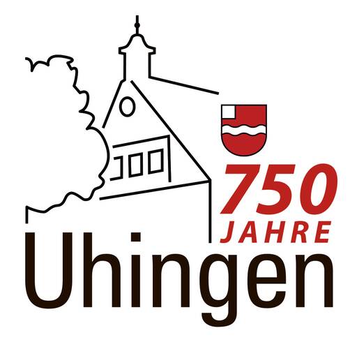 Das Logo zeigt eine stilisierte Zeichnung eines Gebäudes mit einem Baum, das Wappen und den Schriftzug "750 Jahre Uhingen".