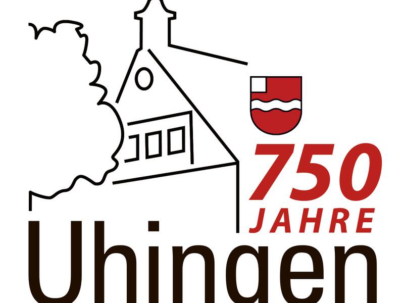 Das Logo zeigt eine stilisierte Zeichnung eines Gebäudes mit einem Baum, das Wappen und den Schriftzug "750 Jahre Uhingen".