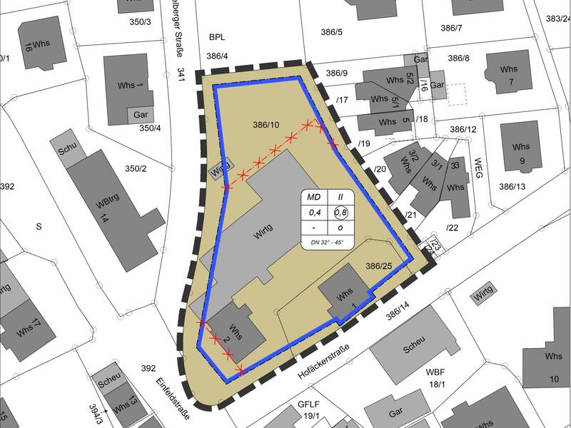 Auf einer Skizze zum Bebauungsplanverfahren Hofäcker 2 sind unterschiedliche Grundstücke und Straßen eingezeichnet.