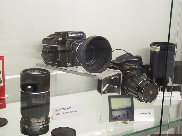 In einer beleuchteten Vitrine stehen mehrere Fotoapparate, die den Wandel der analogen Fotografie nachempfinden sollen.