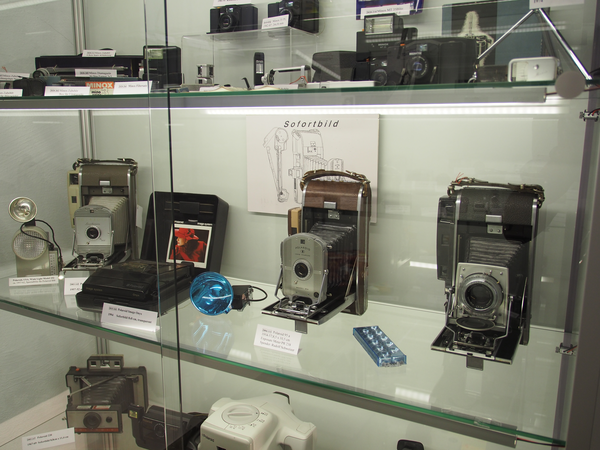 In einer beleuchteten Vitrine stehen mehrere Fotoapparate, die den Wandel der analogen Fotografie nachempfinden sollen.