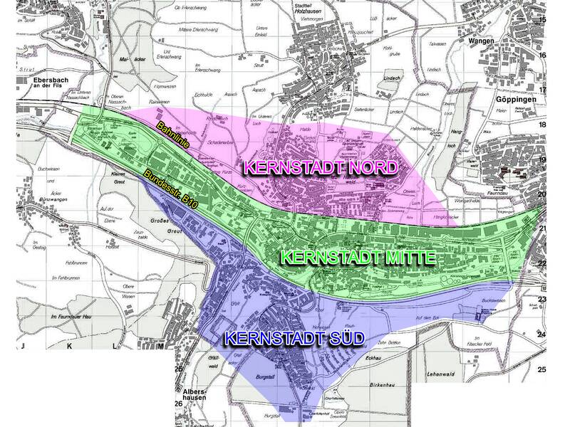 Auf einer Karte sind die Bereiche der amtlichen Namen für die Gesamtgemeinde Uhingen zu sehen: Kernstadt Nord, Kernstadt Mitte und Kernstadt Süd.