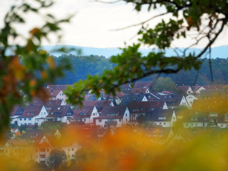  Hinter Ästen und Büschen mit Blättern sind Häuser in Uhingen zu sehen; weiße Fassade dunkelrote Ziegeldächer. Im Hintergrund sind Baumwipfel.