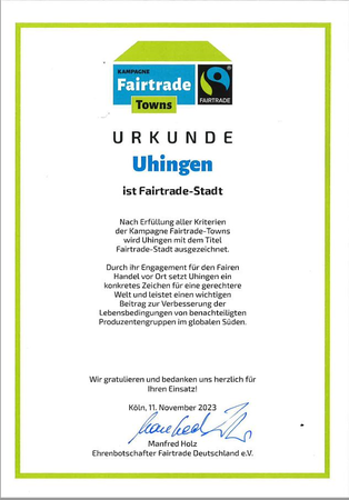 Urkunde FAIRTRADE-TOWN Uhingen