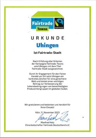Urkunde FAIRTRADE-TOWN Uhingen