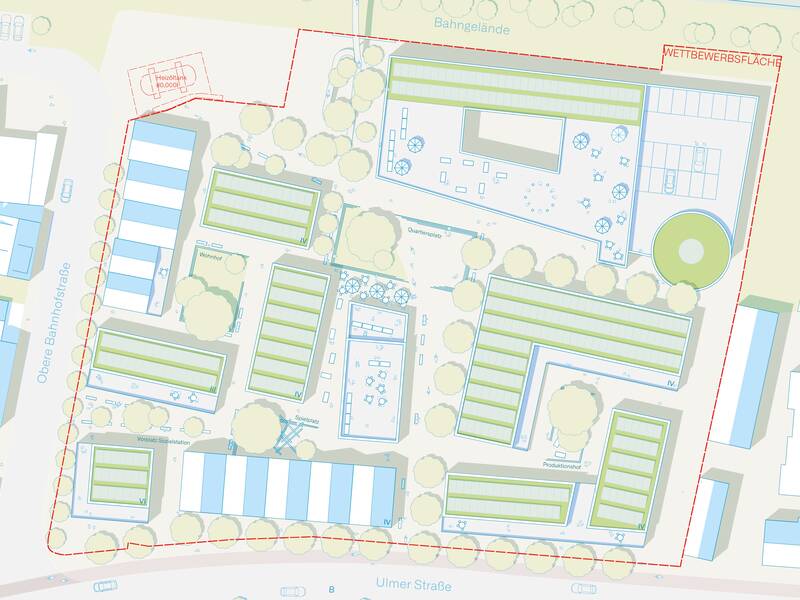 Architektonischer Plan für die Spinnweberei-Fläche an der Ulmer Straße in Uhingen. Eine Draufsicht zeigt die mögliche Bebauung mit unterschiedlichen Häusern von oben.