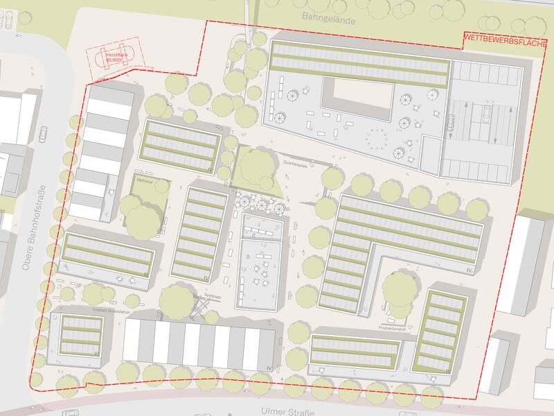 Architektonischer 3D-Plan für die Spinnweberei-Fläche an der Ulmer Straße in Uhingen. Eine Draufsicht zeigt die mögliche Bebauung mit unterschiedlichen Häusern von oben.