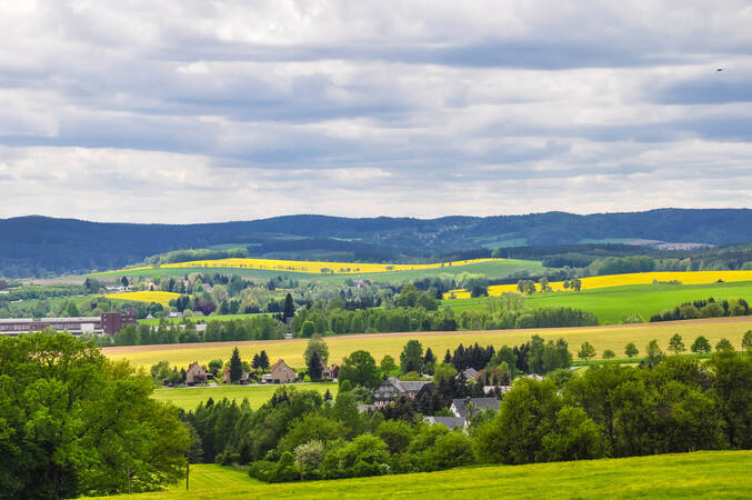 Das Oppacher Tal mit einigen wenigen Häusern: Im Vordergrund eine grüne Wiese und grüne, dichte Bäume. Dazwischen Wiesen und gelbe Rapsfelder im Wechsel. Am Horizont zeichnet sich ein dunkler Wald unterm Wolken behangenen Himmel ab.