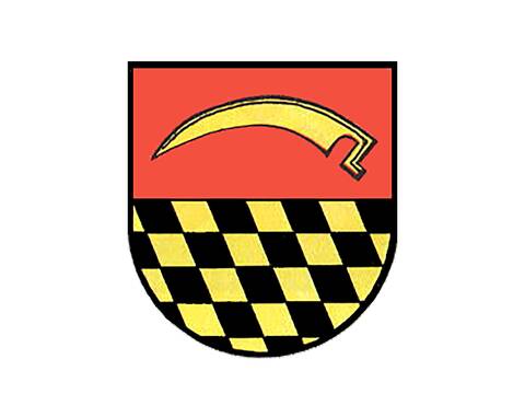 Das Wappen des Stadtteils zeigt sieht aus wie ein Schild, unten abgerundet. In der oberen Hälfte ist eine gelbe Sense auf rotem Grund. Unten ist eine Art Schachbrettmuster mit schwarzen und gelben Feldern.