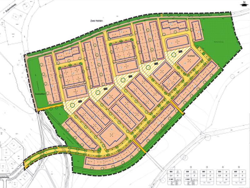 Auf einem Bebauungsplan für ein neues Wohngebiet ist zu sehen, wo Straßen und Wege verlaufen sollen. Sie sind gelb. Die Baugrundstücke sind orange. Das Gebiet ist von Grünflächen umgeben, die grün sind.. 