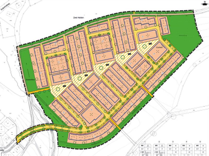 Auf einem Bebauungsplan für ein neues Wohngebiet ist zu sehen, wo Straßen und Wege verlaufen sollen. Sie sind gelb. Die Baugrundstücke sind orange. Das Gebiet ist von Grünflächen umgeben, die grün sind.. 