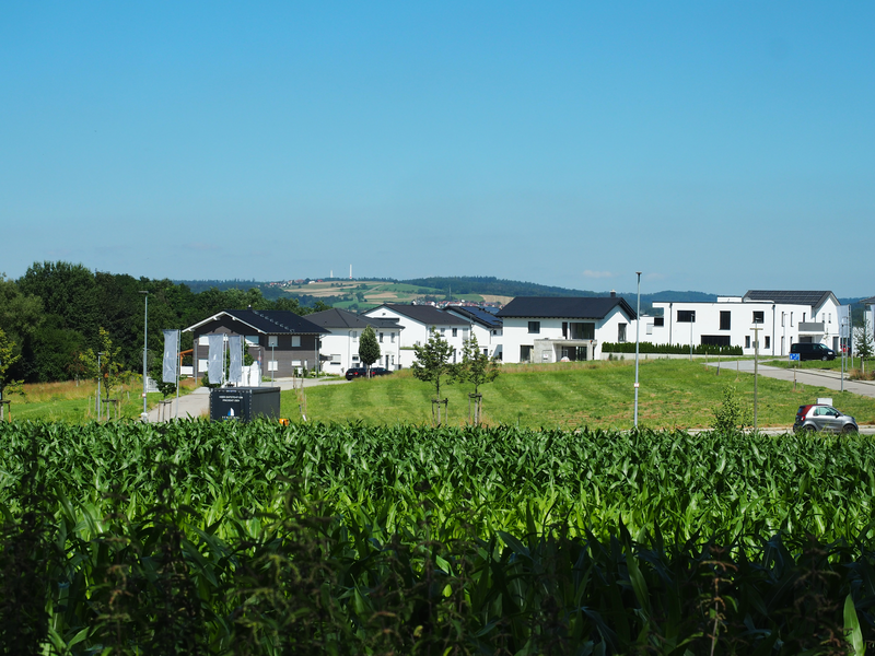 An Wiesenflächen stehen neugebaute Häuser, zu denen Straßen führen.