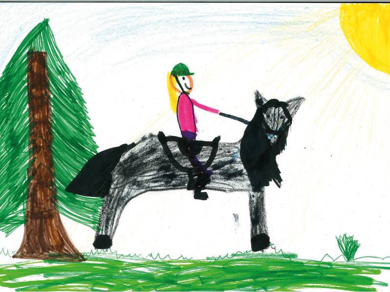 Ein gezeichnetes Bild zeigt auf einer grünen Wiese mit einer grünen Tanne eine Reiterin auf einem schwarzen Pferd.