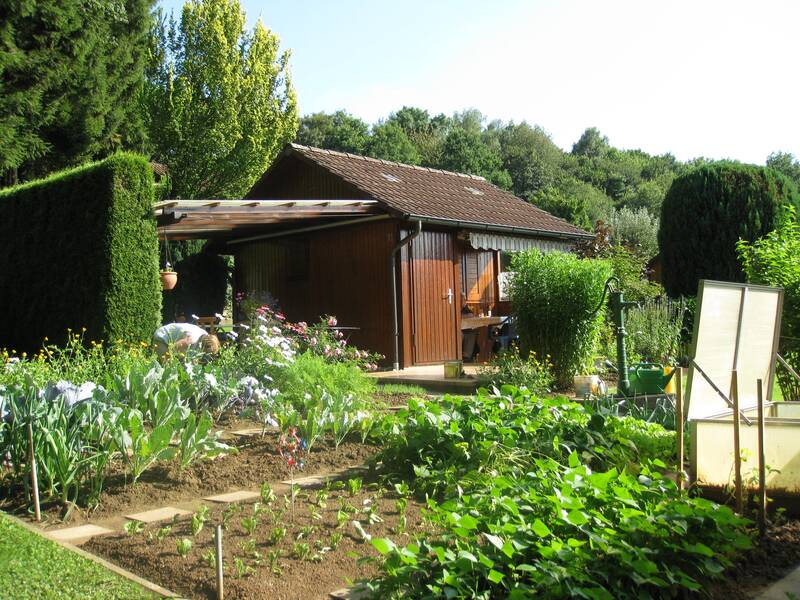 Gartenhütte mit Gemüsebeeten davor